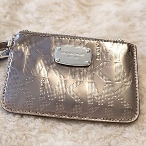 Michael Kors Metallic Logo Wristlet Clutch Silver Taupe